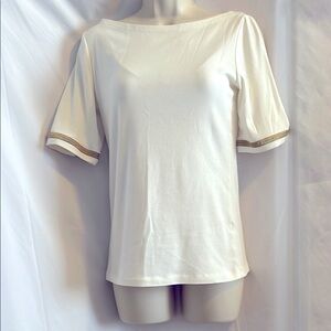 Ralph Lauren stretchy cotton, off-white tee, gold braided sleeve detail. Size M